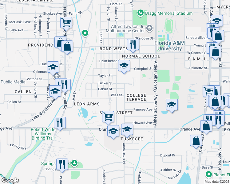 map of restaurants, bars, coffee shops, grocery stores, and more near 2324 Saxon Street in Tallahassee