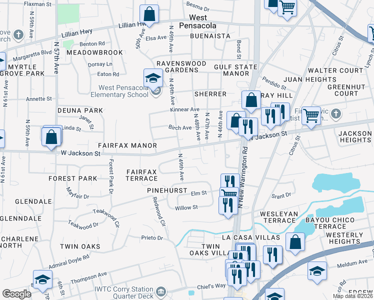 map of restaurants, bars, coffee shops, grocery stores, and more near 4819 West Jackson Street in Pensacola
