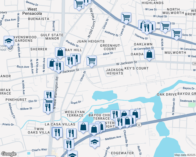 map of restaurants, bars, coffee shops, grocery stores, and more near 419 Wiggins Avenue in Pensacola