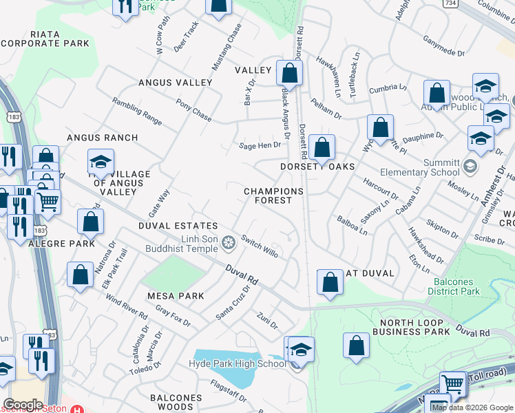 map of restaurants, bars, coffee shops, grocery stores, and more near 4705 Whispering Valley Drive in Austin