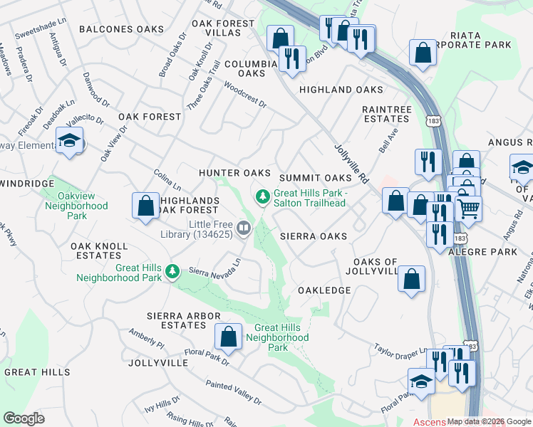 map of restaurants, bars, coffee shops, grocery stores, and more near 5925 Taylor Draper Cove in Austin