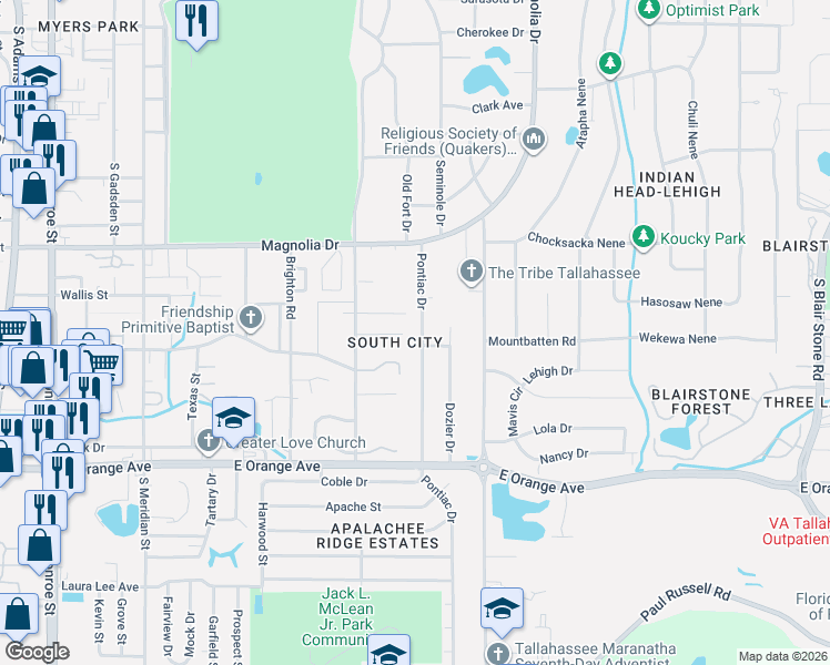 map of restaurants, bars, coffee shops, grocery stores, and more near 900 Ashburn Drive in Tallahassee