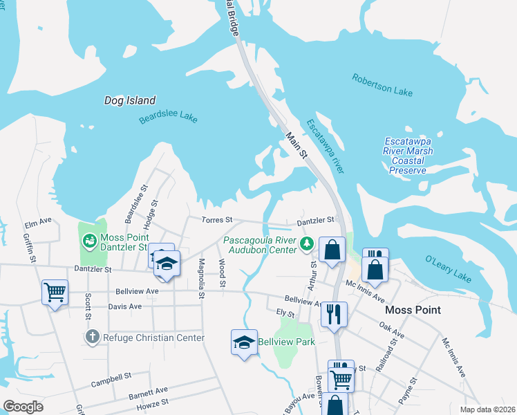 map of restaurants, bars, coffee shops, grocery stores, and more near 4101 Dantzler Avenue in Moss Point