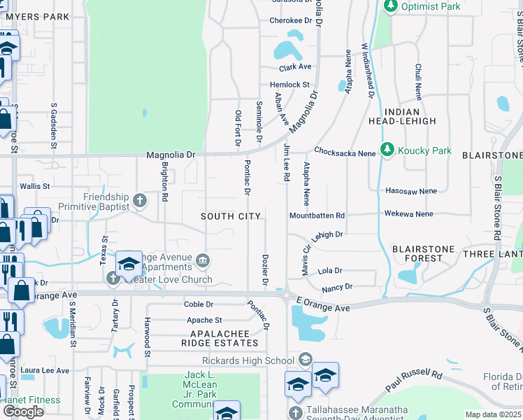 map of restaurants, bars, coffee shops, grocery stores, and more near 2230 Dozier Drive in Tallahassee