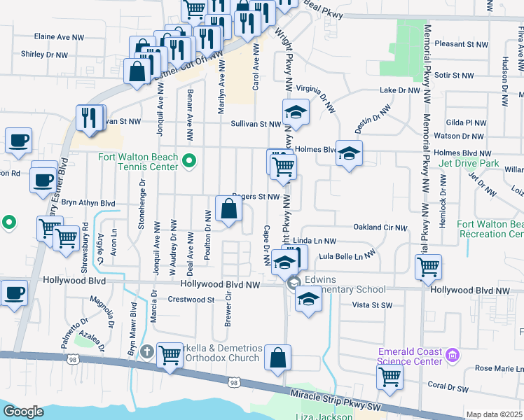 map of restaurants, bars, coffee shops, grocery stores, and more near 32 Cape Drive Northwest in Fort Walton Beach