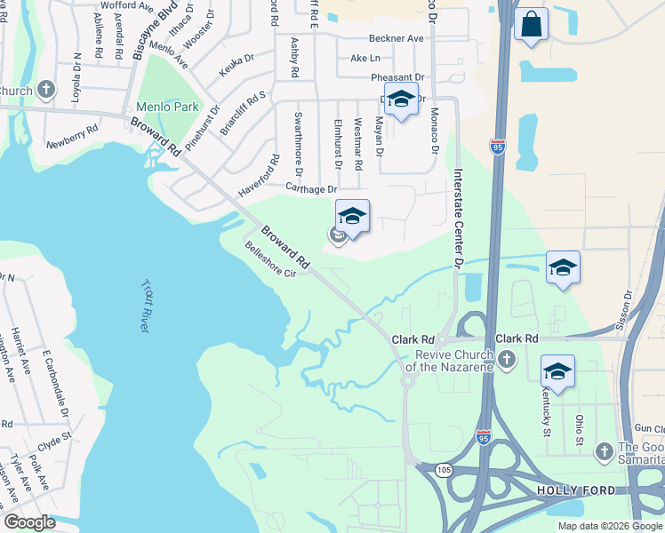 map of restaurants, bars, coffee shops, grocery stores, and more near 1251-1441 Broward Road in Jacksonville