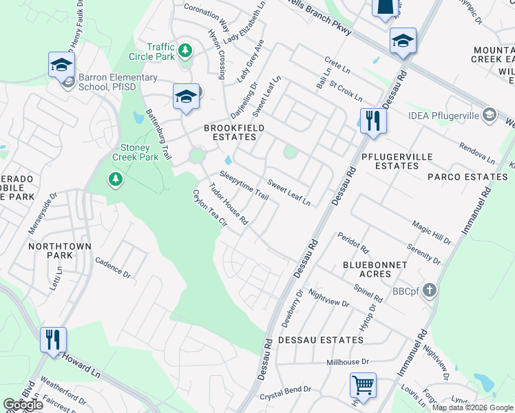 map of restaurants, bars, coffee shops, grocery stores, and more near 14413 Alderminster Lane in Pflugerville