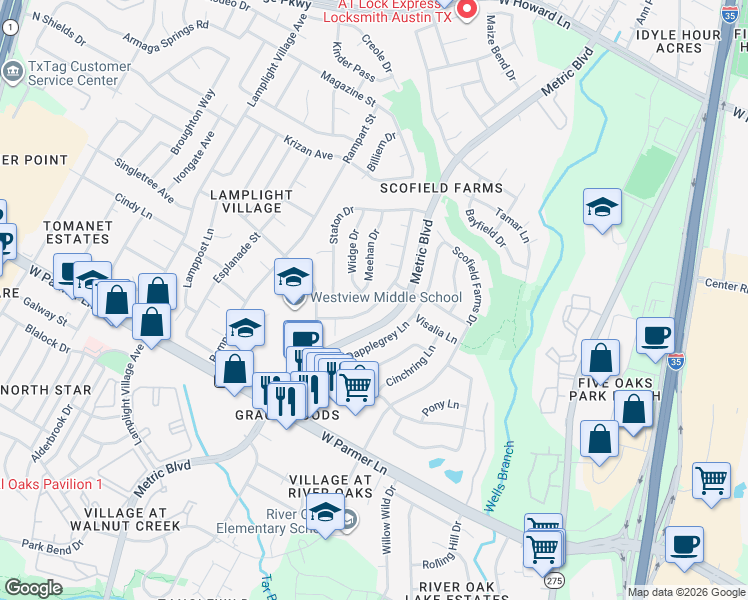 map of restaurants, bars, coffee shops, grocery stores, and more near 12808 Withers Way in Austin