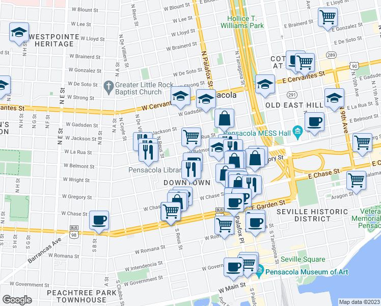 map of restaurants, bars, coffee shops, grocery stores, and more near 200 West Belmont Street in Pensacola