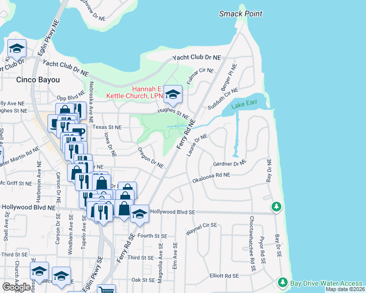 map of restaurants, bars, coffee shops, grocery stores, and more near 47 Ferry Road Northeast in Fort Walton Beach