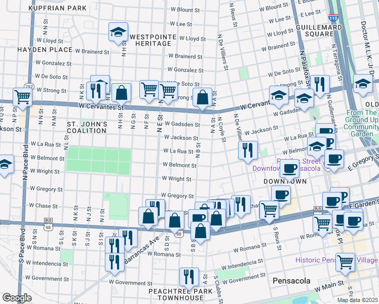 map of restaurants, bars, coffee shops, grocery stores, and more near 821 West La Rua Street in Pensacola