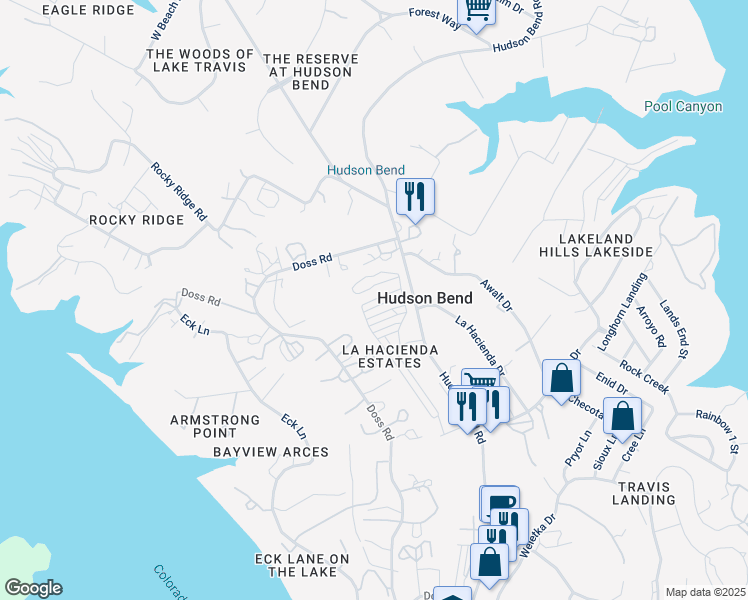 map of restaurants, bars, coffee shops, grocery stores, and more near 5220 Hudson Bend Road in Austin