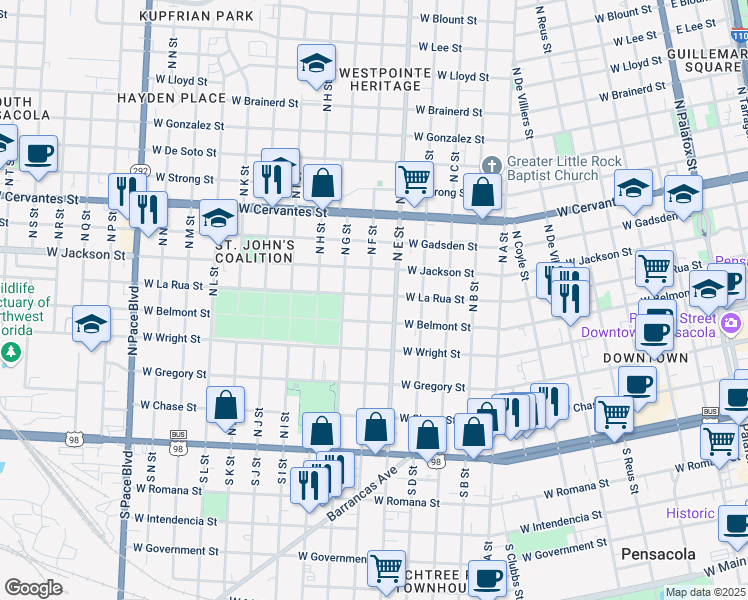 map of restaurants, bars, coffee shops, grocery stores, and more near 1117 West La Rua Street in Pensacola
