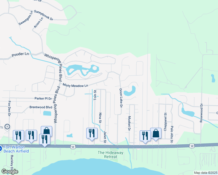 map of restaurants, bars, coffee shops, grocery stores, and more near 2287 Meadow Mist Court in Navarre