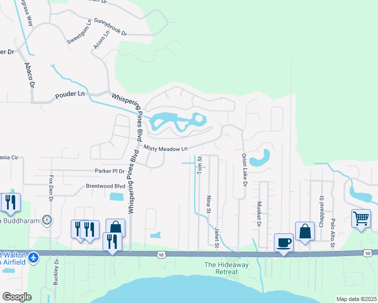 map of restaurants, bars, coffee shops, grocery stores, and more near 9715 Misty Meadow Lane in Navarre