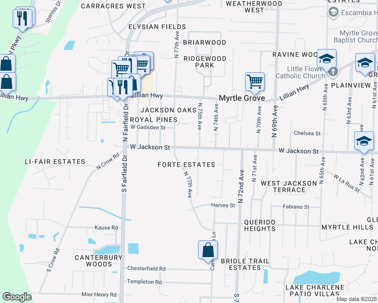 map of restaurants, bars, coffee shops, grocery stores, and more near 7505 West Jackson Street in Pensacola