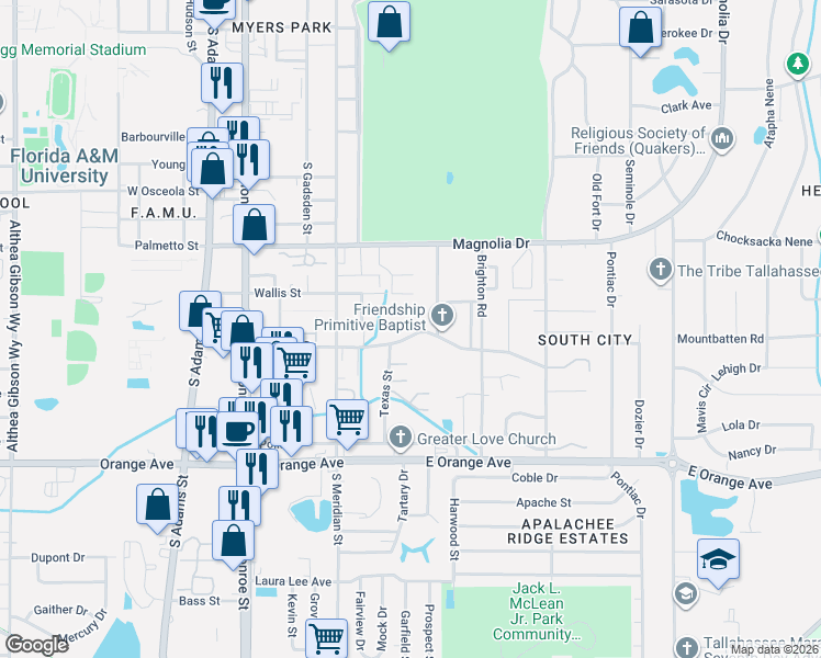 map of restaurants, bars, coffee shops, grocery stores, and more near 608 Putnam Drive in Tallahassee