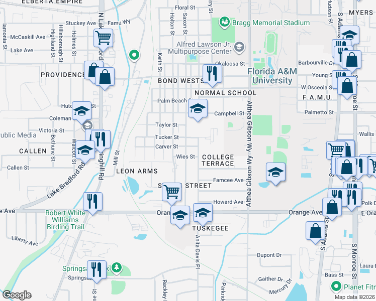 map of restaurants, bars, coffee shops, grocery stores, and more near 2324 Saxon Street in Tallahassee