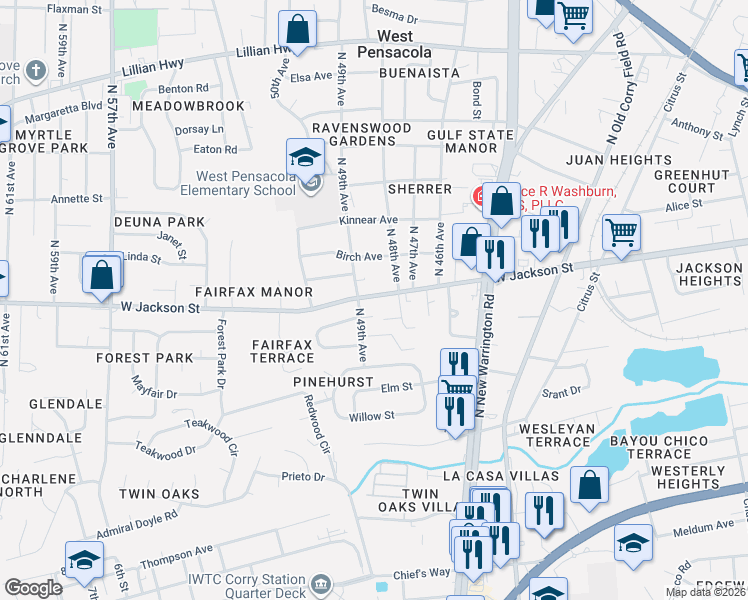 map of restaurants, bars, coffee shops, grocery stores, and more near 4819 West Jackson Street in Pensacola