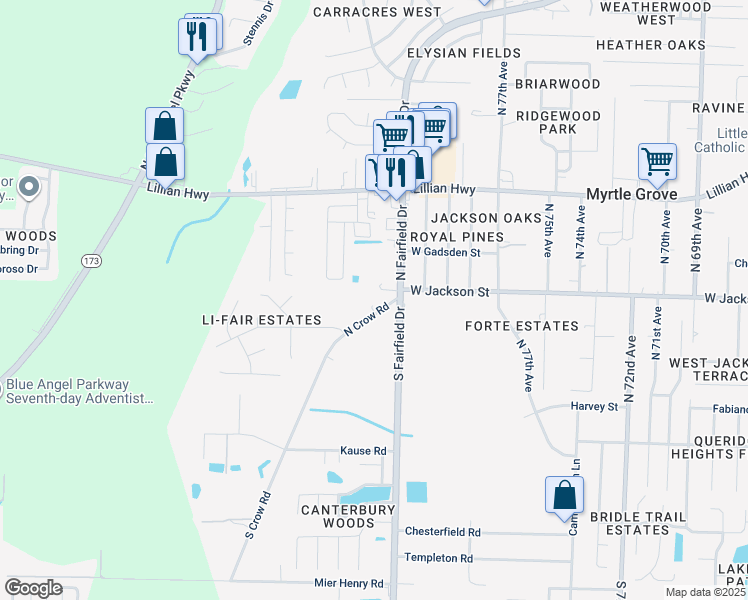 map of restaurants, bars, coffee shops, grocery stores, and more near 603 North Crow Road in Pensacola