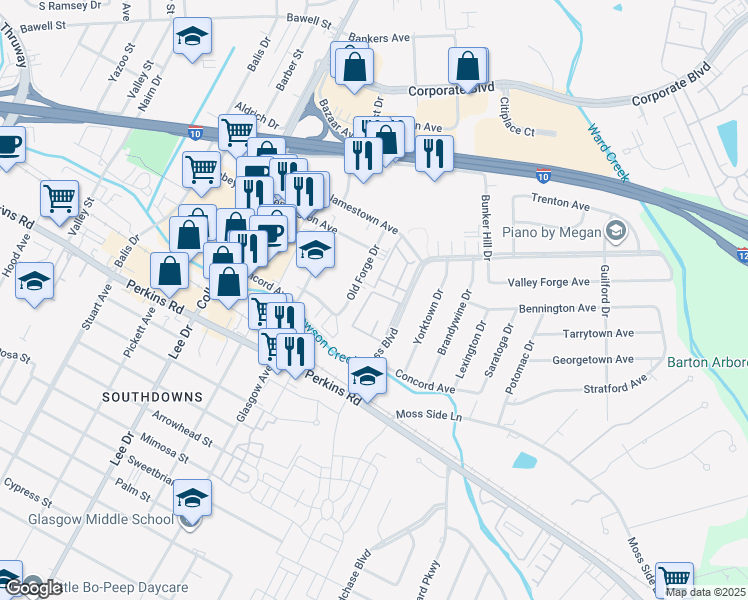 map of restaurants, bars, coffee shops, grocery stores, and more near 3030 Congress Boulevard in Baton Rouge