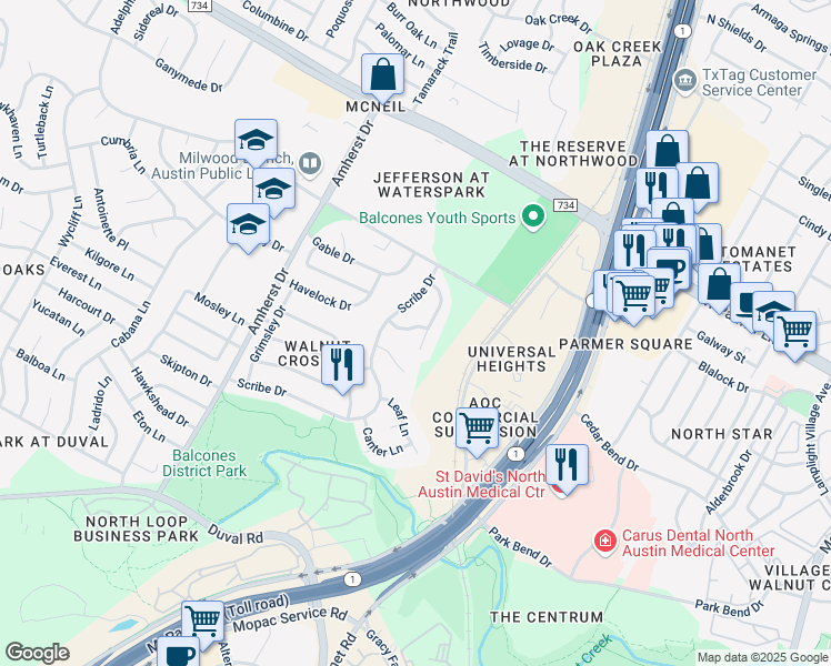 map of restaurants, bars, coffee shops, grocery stores, and more near 12311 Danny Drive in Austin
