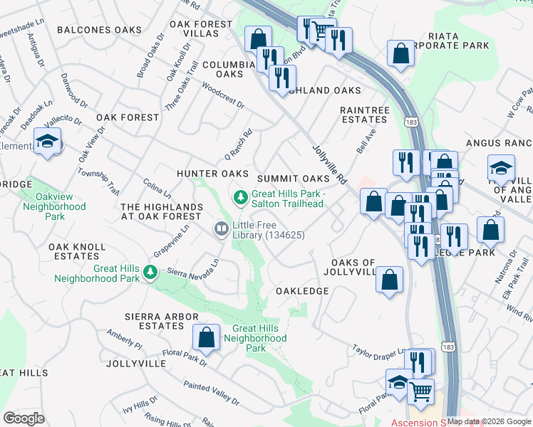 map of restaurants, bars, coffee shops, grocery stores, and more near 5821 Miramonte Drive in Austin
