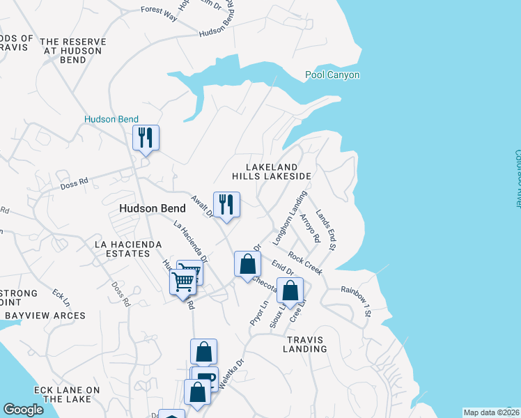 map of restaurants, bars, coffee shops, grocery stores, and more near 15705 Wildwood Trail in Austin