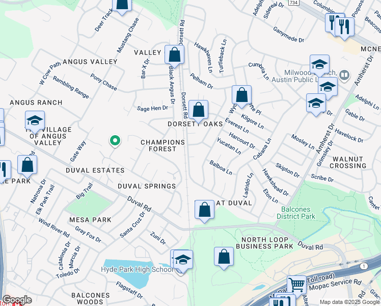 map of restaurants, bars, coffee shops, grocery stores, and more near 4406 Limewood Court in Austin