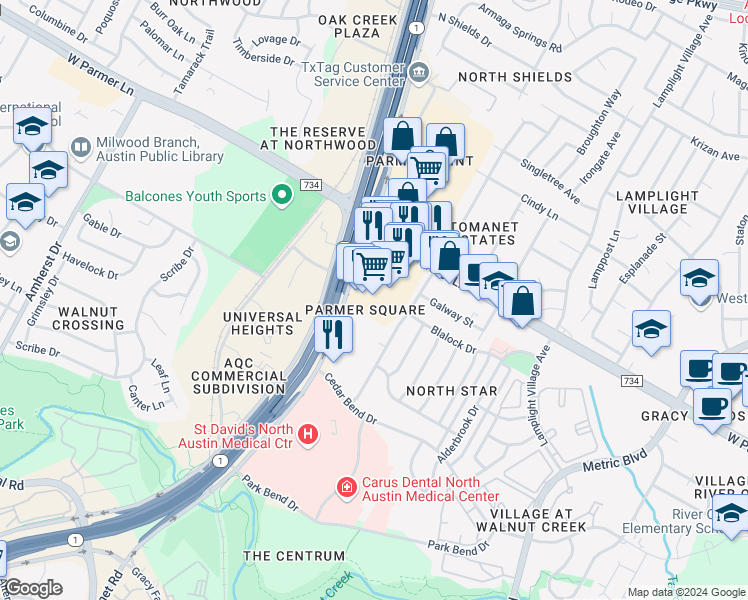 map of restaurants, bars, coffee shops, grocery stores, and more near 12407 North Mopac Expressway in Austin