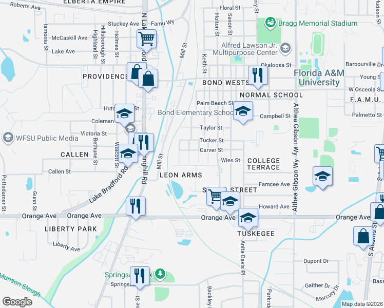 map of restaurants, bars, coffee shops, grocery stores, and more near 2317 Oliver Street in Tallahassee
