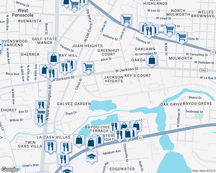 map of restaurants, bars, coffee shops, grocery stores, and more near 39 Sandalwood Street in Pensacola
