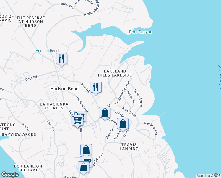 map of restaurants, bars, coffee shops, grocery stores, and more near 15705 Wildwood Trail in Austin