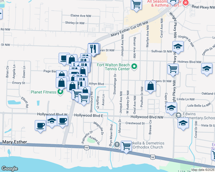 map of restaurants, bars, coffee shops, grocery stores, and more near 201 Bryn Athyn Boulevard in Mary Esther