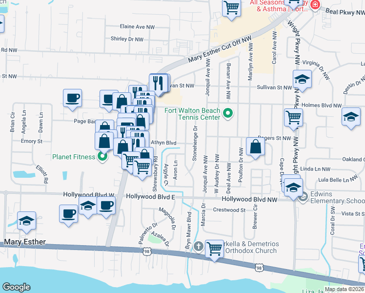 map of restaurants, bars, coffee shops, grocery stores, and more near 201 Bryn Athyn Boulevard in Mary Esther
