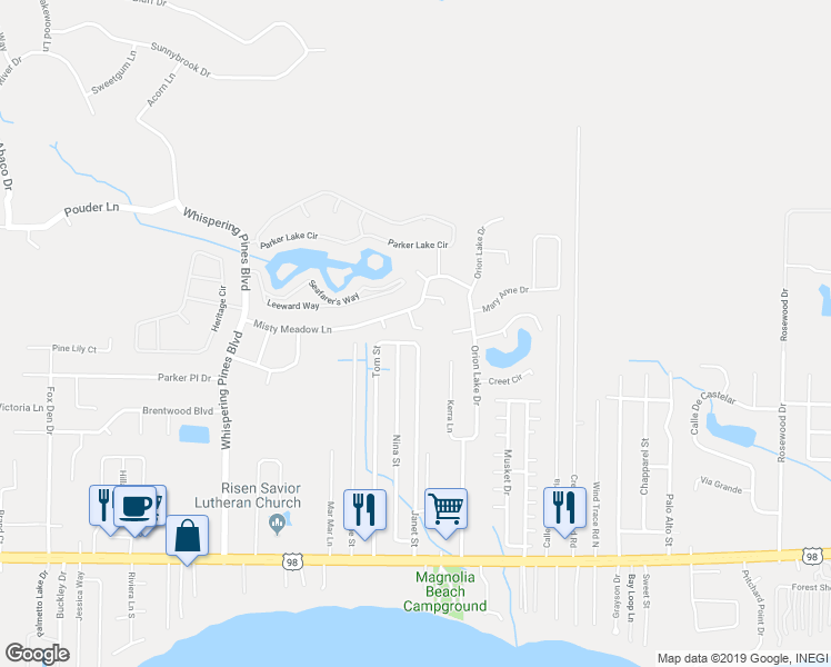 map of restaurants, bars, coffee shops, grocery stores, and more near 2299 Meadow Mist Court in Navarre