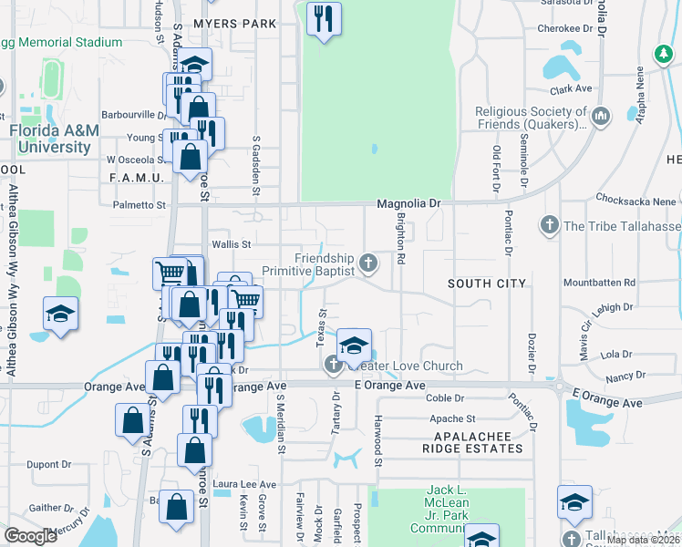 map of restaurants, bars, coffee shops, grocery stores, and more near 608 Putnam Drive in Tallahassee