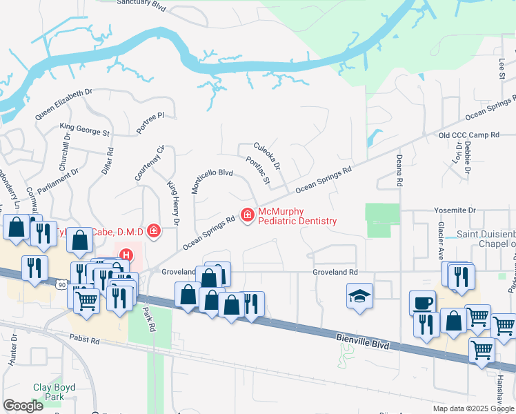 map of restaurants, bars, coffee shops, grocery stores, and more near 9361 Ocean Springs Road in Ocean Springs
