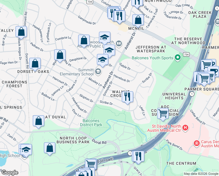 map of restaurants, bars, coffee shops, grocery stores, and more near 3608 Tyrone Drive in Austin
