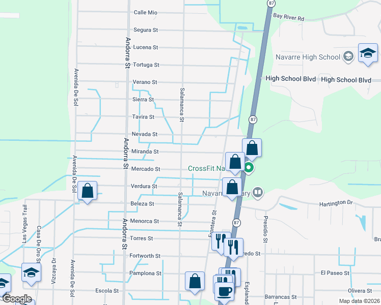 map of restaurants, bars, coffee shops, grocery stores, and more near 8347 Miranda Street in Navarre