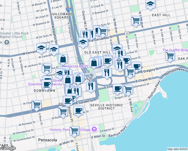 map of restaurants, bars, coffee shops, grocery stores, and more near 239 North Alcaniz Street in Pensacola