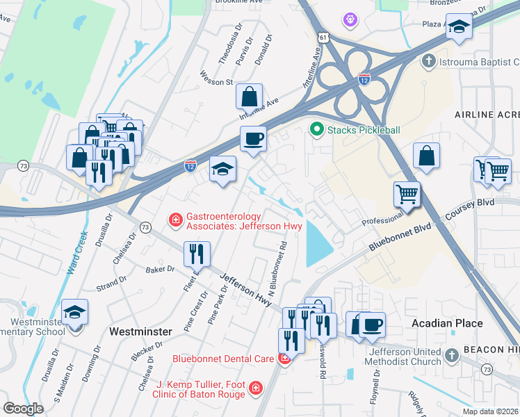 map of restaurants, bars, coffee shops, grocery stores, and more near 3521 Berkley Hill Avenue in Baton Rouge