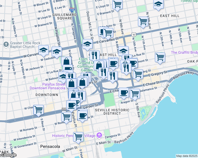 map of restaurants, bars, coffee shops, grocery stores, and more near 239 North Alcaniz Street in Pensacola