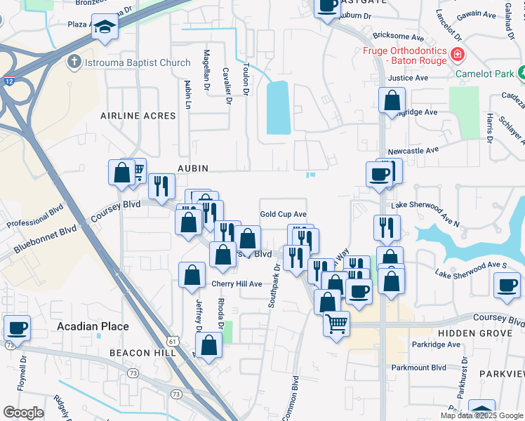 map of restaurants, bars, coffee shops, grocery stores, and more near 11019 Gold Cup Avenue in Baton Rouge