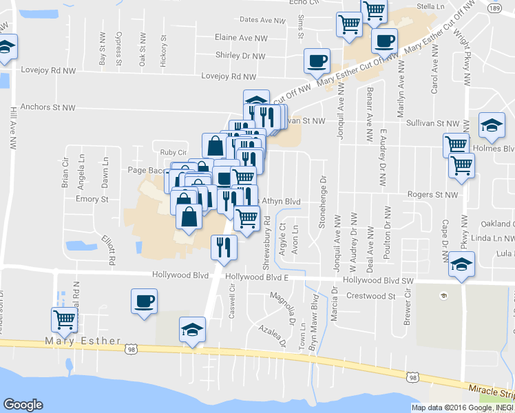 map of restaurants, bars, coffee shops, grocery stores, and more near 411 Bryn Athyn Boulevard in Mary Esther