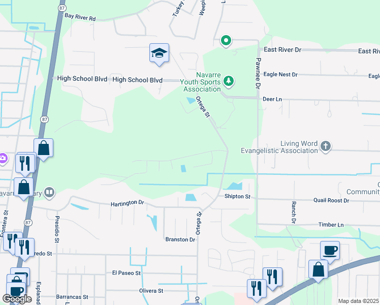 map of restaurants, bars, coffee shops, grocery stores, and more near 8228 Cosica Boulevard in Navarre