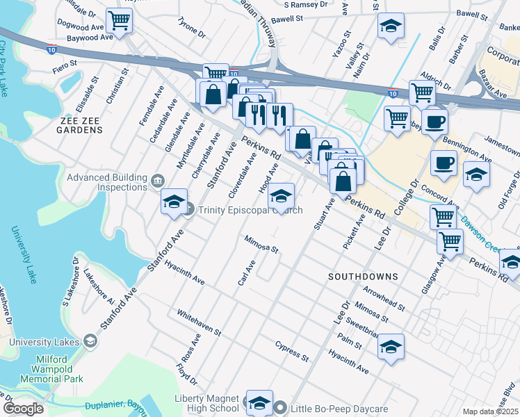 map of restaurants, bars, coffee shops, grocery stores, and more near 2050 Hood Avenue in Baton Rouge