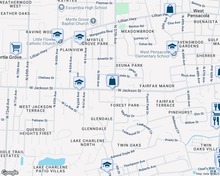 map of restaurants, bars, coffee shops, grocery stores, and more near 5706 West Jackson Street in Pensacola