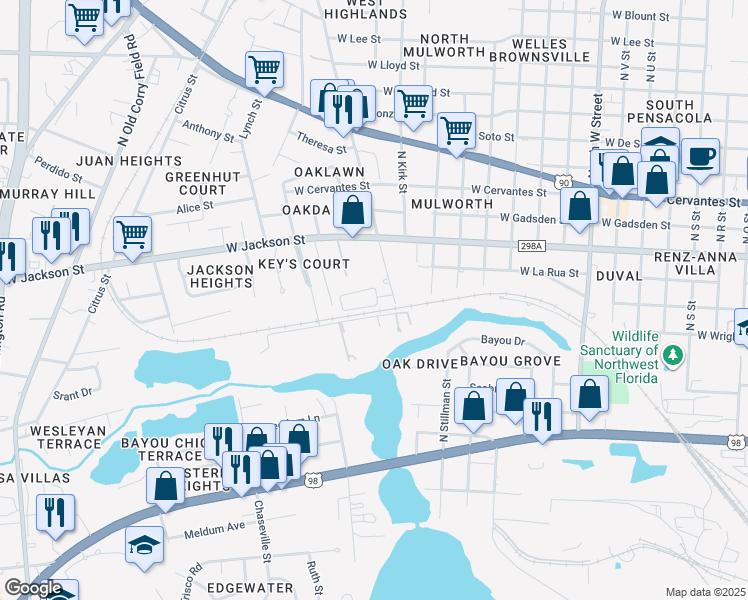 map of restaurants, bars, coffee shops, grocery stores, and more near 3800 Frontera Circle in Pensacola