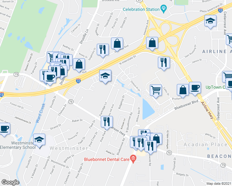 map of restaurants, bars, coffee shops, grocery stores, and more near 3521 Berkley Hill Avenue in Baton Rouge
